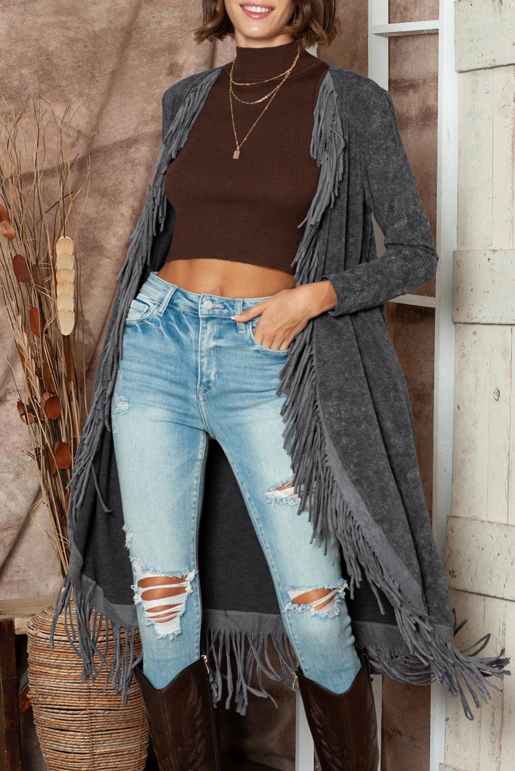 Women's Black Mineral Washed Tassel Open Front Long Cardigan - Black - Cardigans