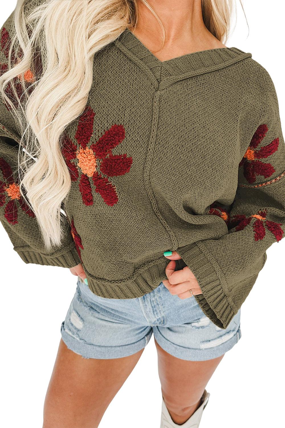 Women's Sage Green Flower Knit Ribbed Trim V Neck Sweater - - Sweaters