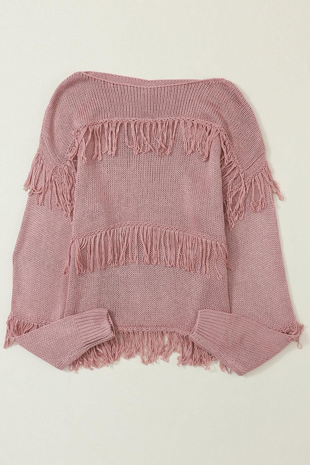 Women's Khaki Boho Fringe Tasseled Knitted Sweater - - Sweaters