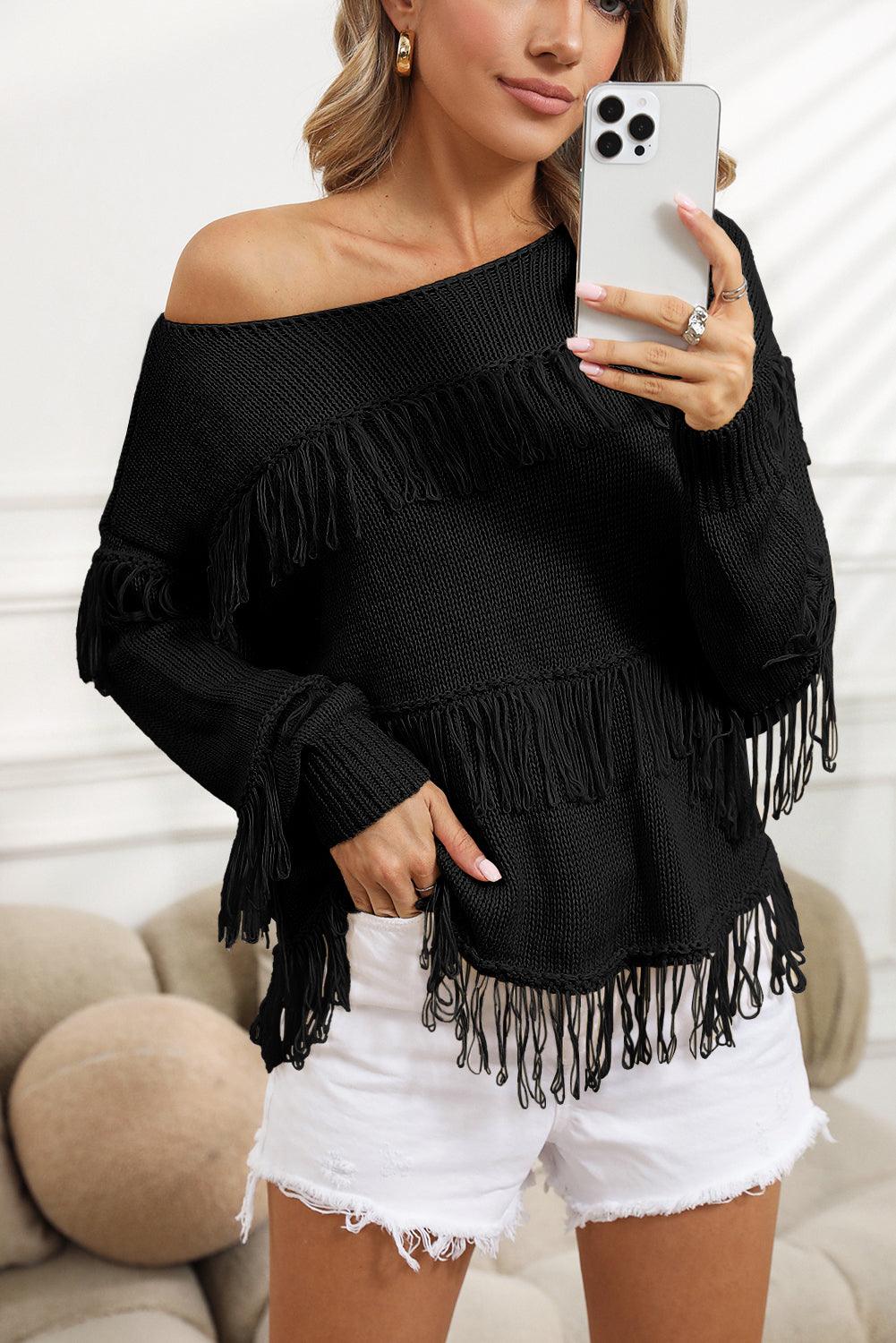 Women's Khaki Boho Fringe Tasseled Knitted Sweater - - Sweaters