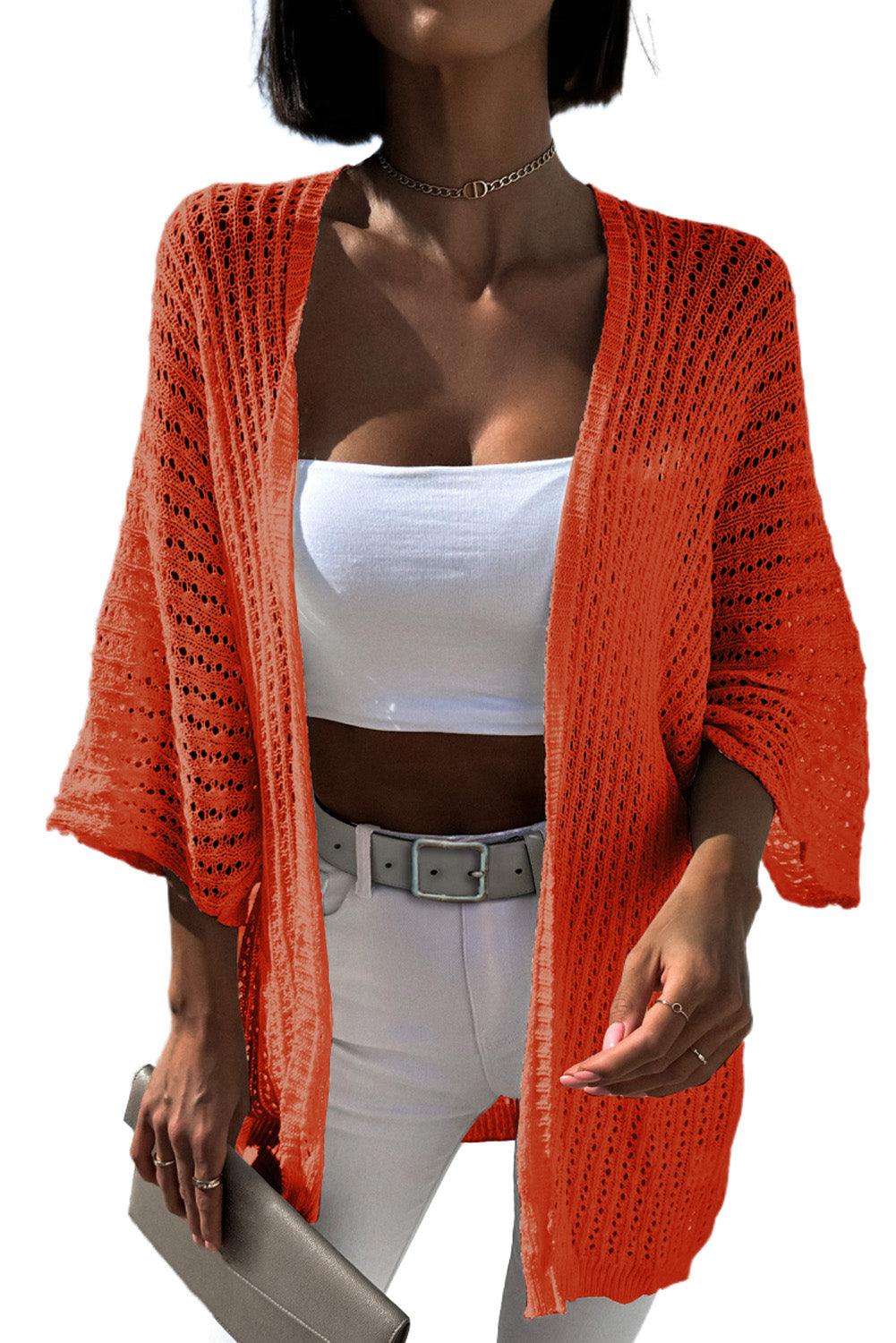 Women's Orange Hollow-out Bracelet Sleeve Knit Cardigan - - Cardigans