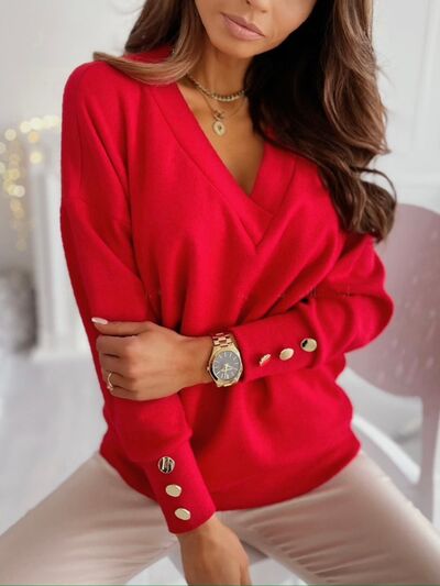 V-Neck Long Sleeve Sweatshirt - -