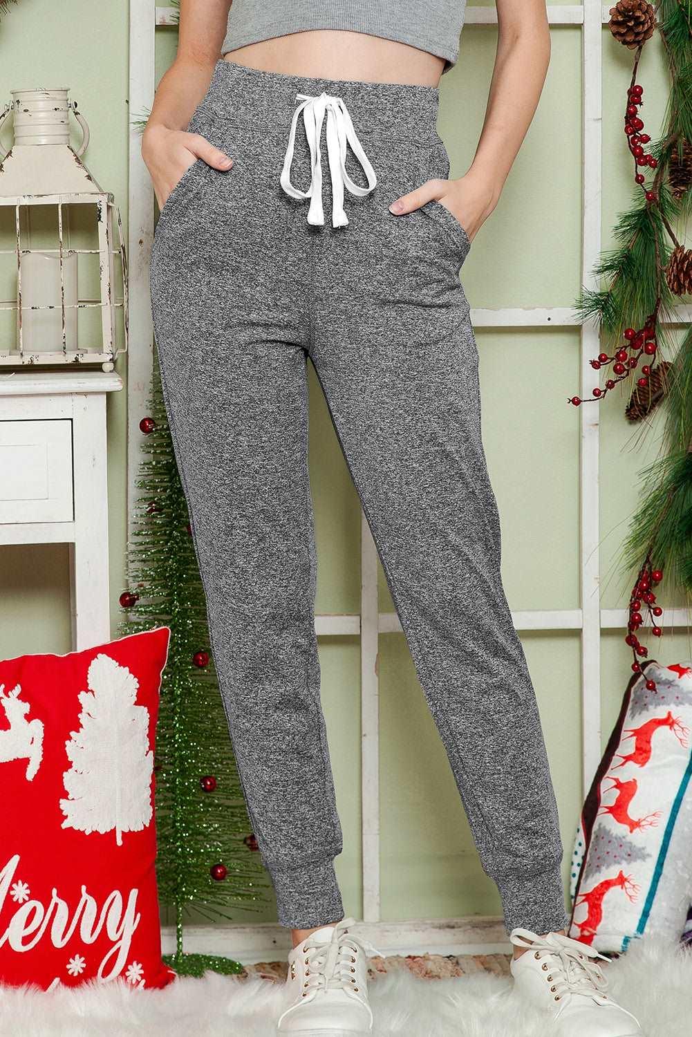 Women's Black Casual Drawstring Drop Waist Pocketed Joggers - Gray - Pants