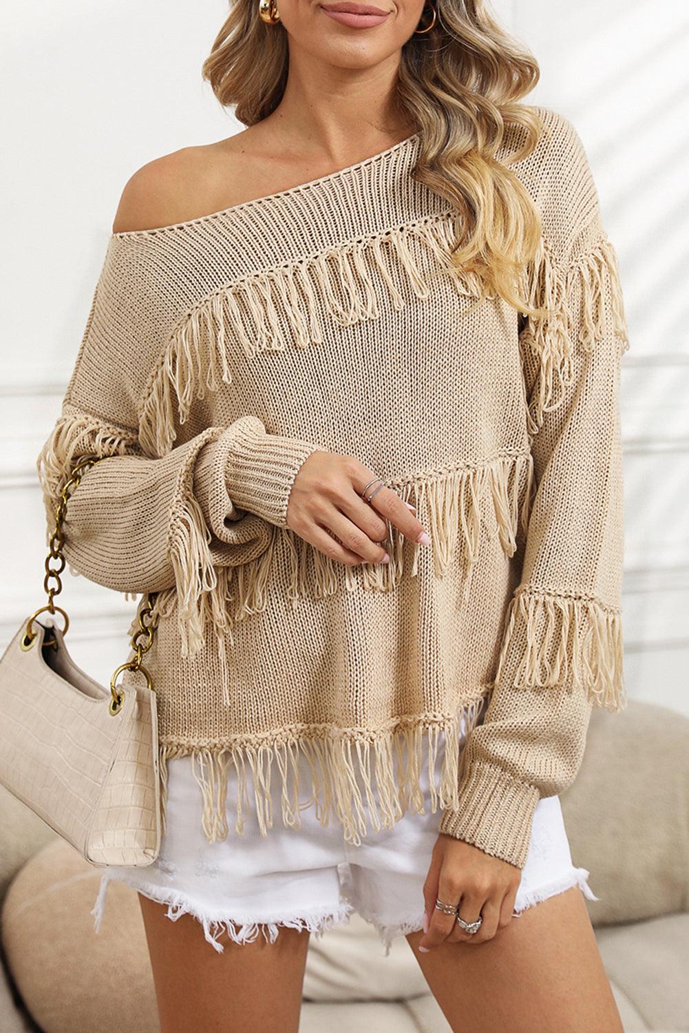 Women's Khaki Boho Fringe Tasseled Knitted Sweater - Khaki - Sweaters