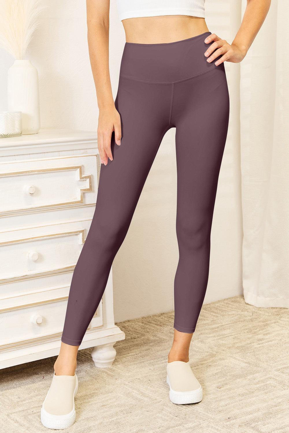 Wide Waistband Sports Leggings - Chocolate - Leggings