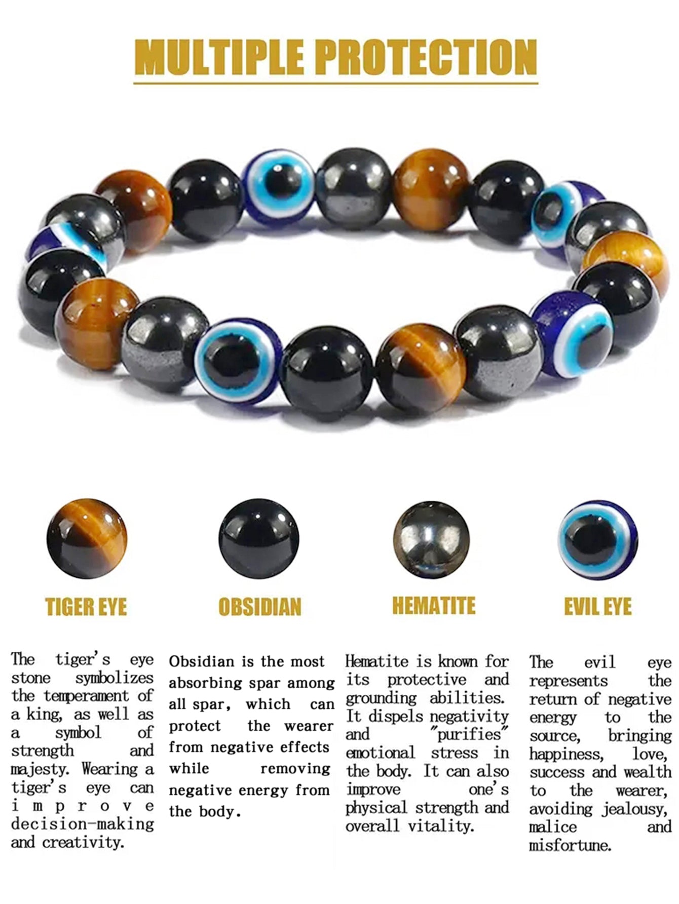 OAIITE Charm Bracelet: Turkish Evil Eye, Tiger Eye & Hematite Healing Jewelry