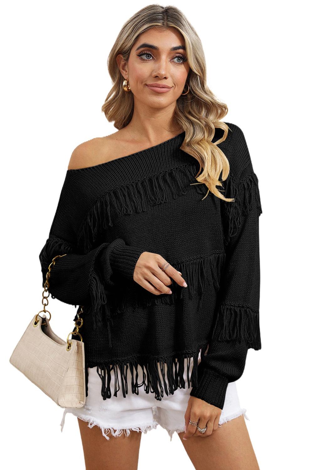 Women's Khaki Boho Fringe Tasseled Knitted Sweater - - Sweaters