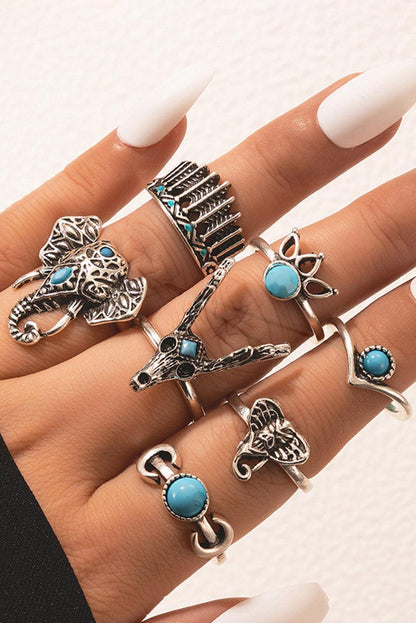 Women's Silver 7Pcs Animal Deer Head Elephant Ring Set - - Rings