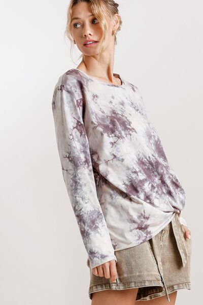 Umgee Full Size Tie Dye Front Gathered Detail Round Neck Long Sleeve T-Shirt Plus Size - -