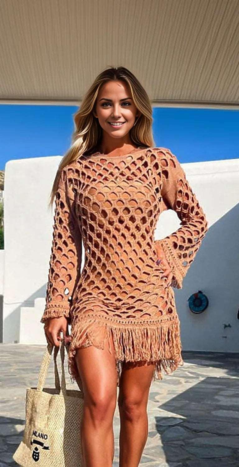 Fringe Cutout Long Sleeve Cover Up - Caramel - Women's Fashion - Women's Clothing - Tops & Tees - Tank Tops