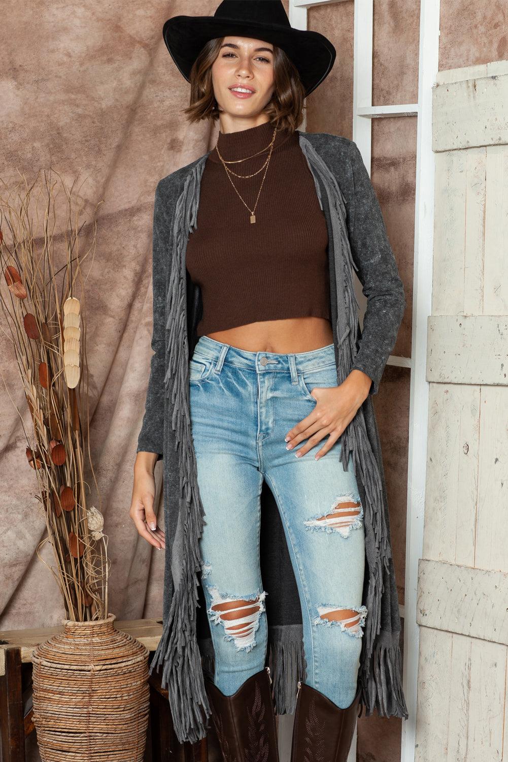 Women's Black Mineral Washed Tassel Open Front Long Cardigan - - Cardigans