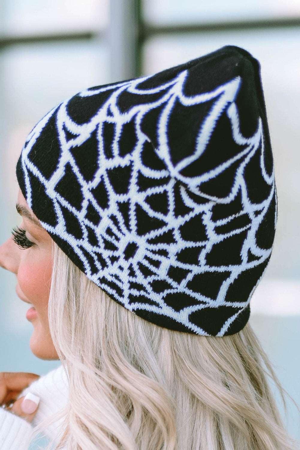 Women's Black Halloween Cobweb Pattern Woolen Hat - - Hats