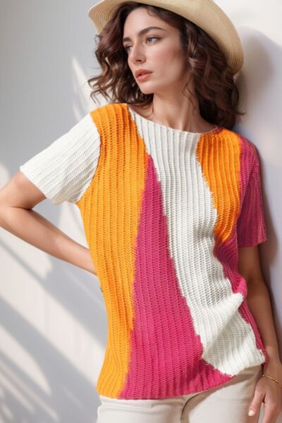 Textured Color Block Short Sleeve Sweater - -