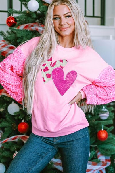 Valentine’s Day Sequin Heart Long Sleeve Sweatshirt - -