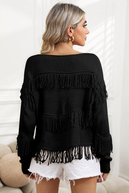 Women's Khaki Boho Fringe Tasseled Knitted Sweater - - Sweaters