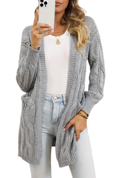 Women's Khaki Ribbed Trim Hollow Knit Side Slits Cardigan - - Cardigans