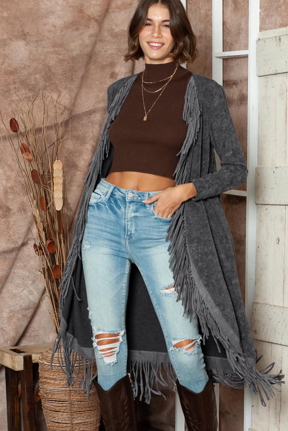 Women's Black Mineral Washed Tassel Open Front Long Cardigan - - Cardigans