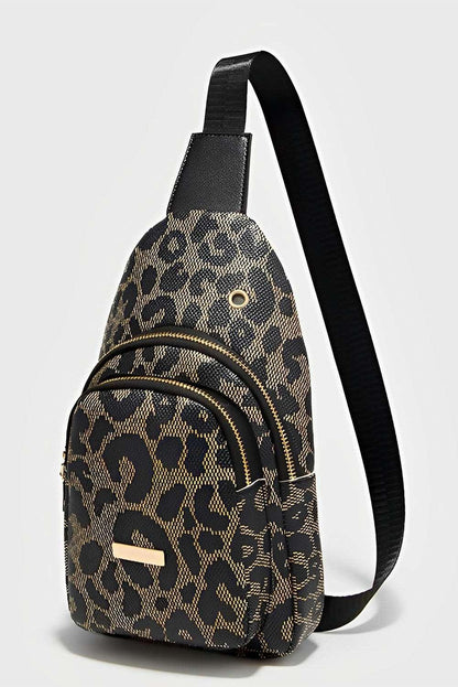 Woman's Leopard Printed PU Leather Zippered Fanny Pack Sling Bag - - Crossbody Bags