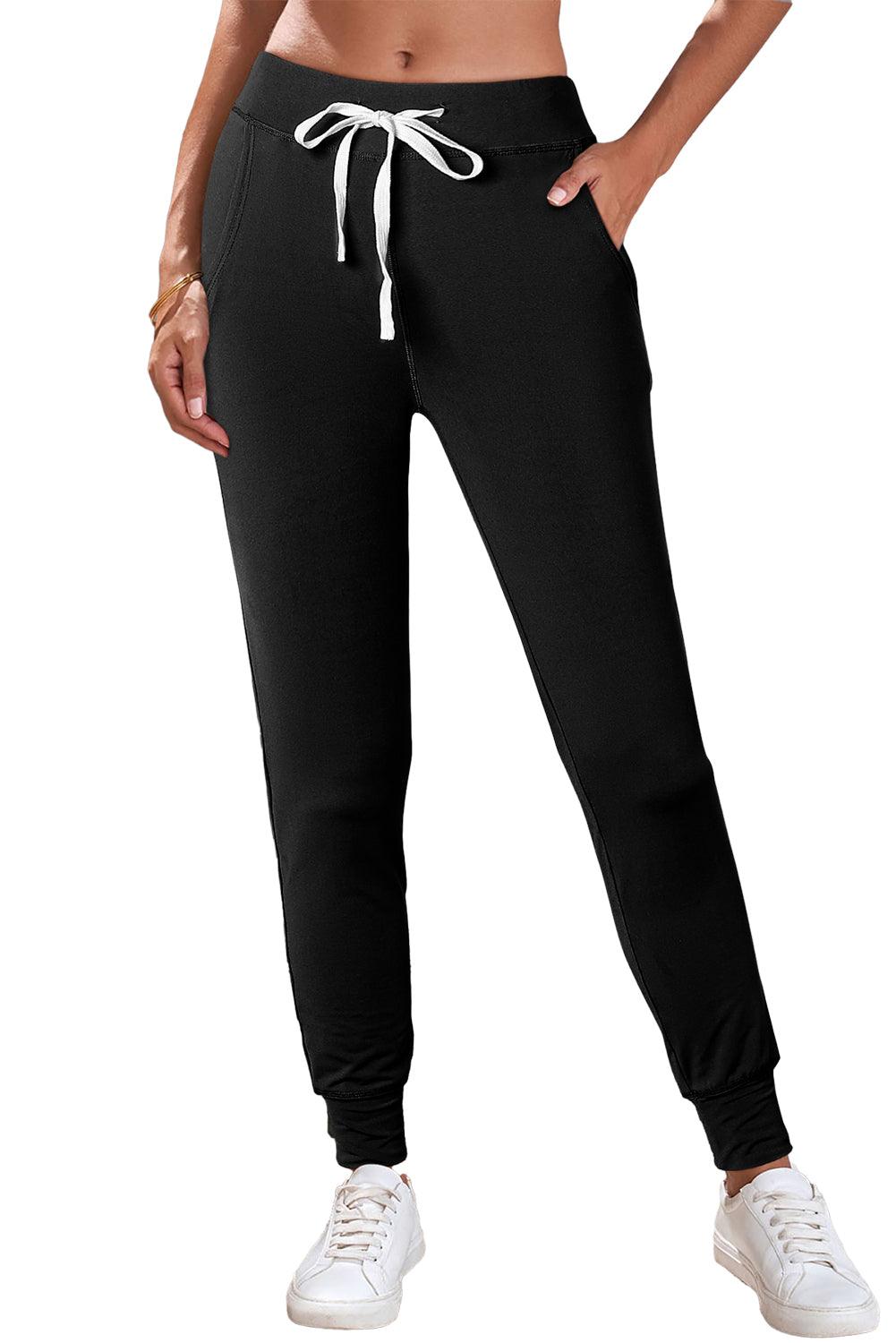 Women's Black Casual Drawstring Drop Waist Pocketed Joggers - - Pants