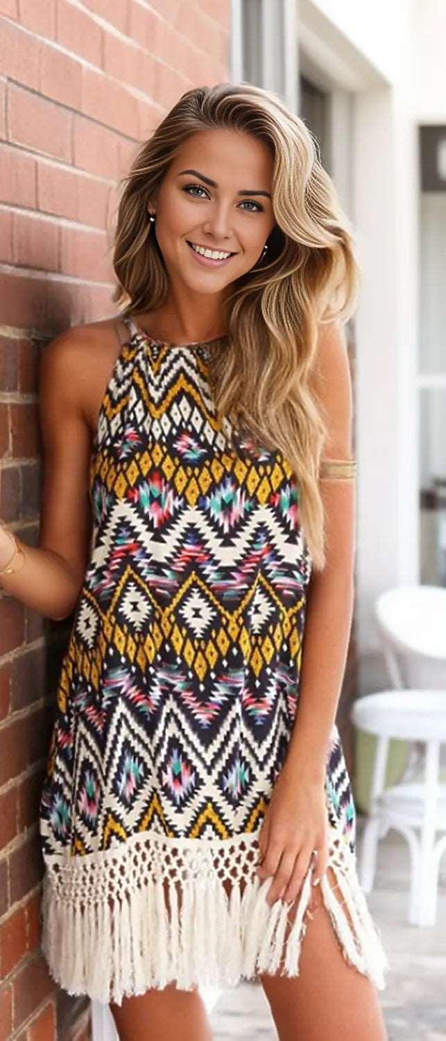 Full Size Tassel Printed Halter Neck Mini Dress - Multicolor - Women's Fashion - Women's Clothing - Suits & Sets - Women's Sets