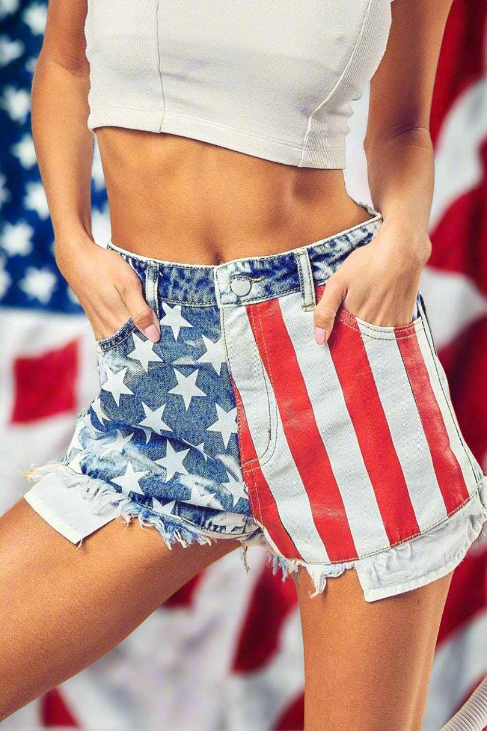 BiBi US Flag Theme Bleached Denim Shorts - - Women's Fashion - Women's Clothing - Bottoms - Leggings