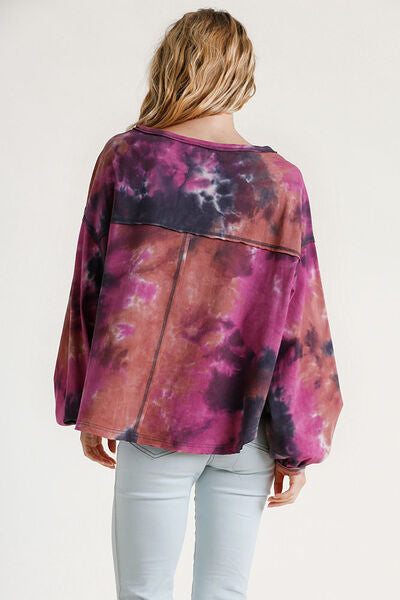 Umgee Full Size Tie Dye Round Neck Long Balloon Sleeve Top Plus Size - -