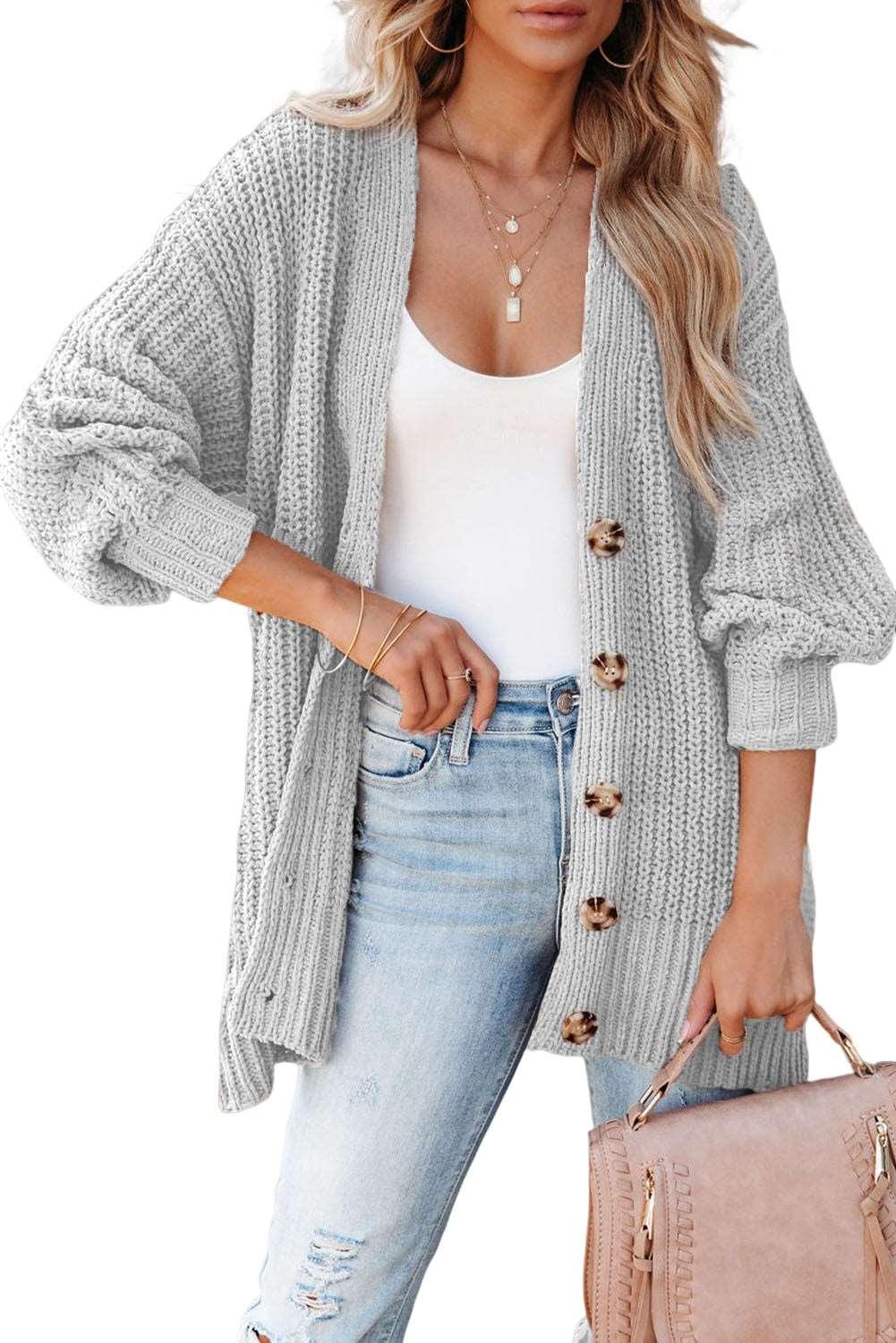 women's Black Solid Color Buttoned Down Casual Knitted Cardigan - - Cardigans