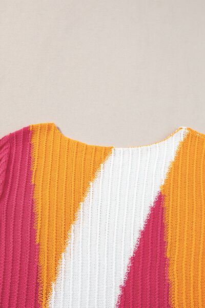 Textured Color Block Short Sleeve Sweater - -