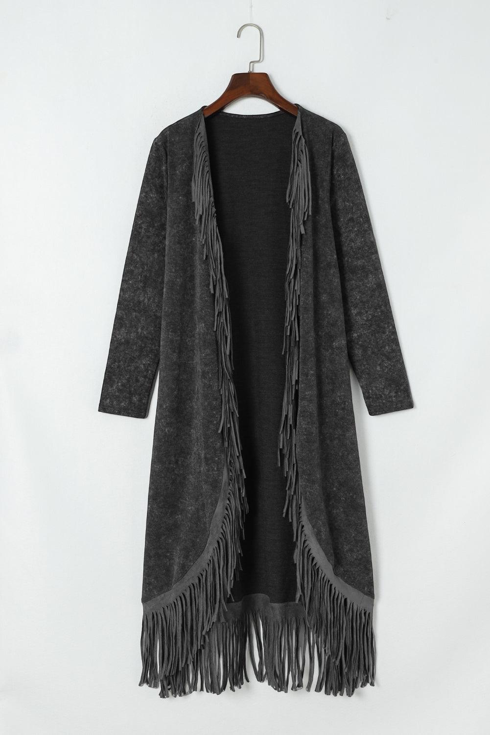 Women's Black Mineral Washed Tassel Open Front Long Cardigan - - Cardigans