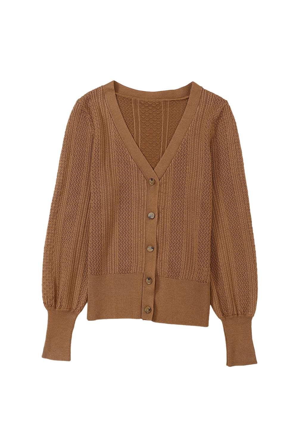 Women's Chestnut V Neck Buttoned Textured Sweater - - Sweaters