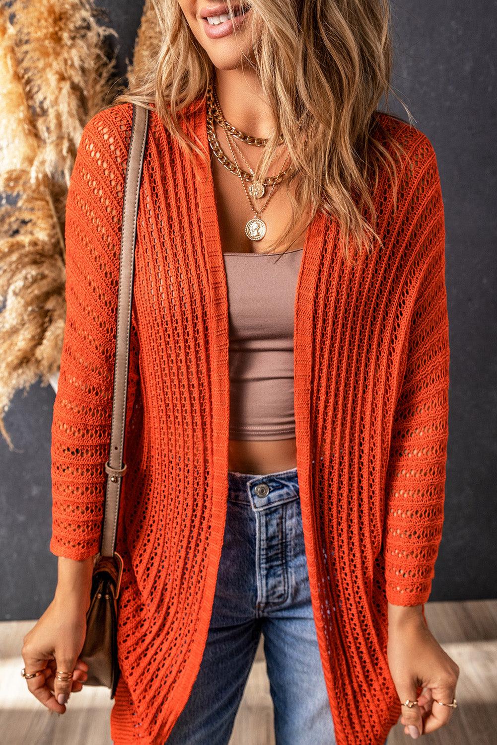 Women's Orange Hollow-out Bracelet Sleeve Knit Cardigan - - Cardigans