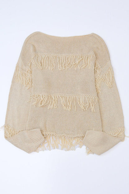 Women's Khaki Boho Fringe Tasseled Knitted Sweater - - Sweaters