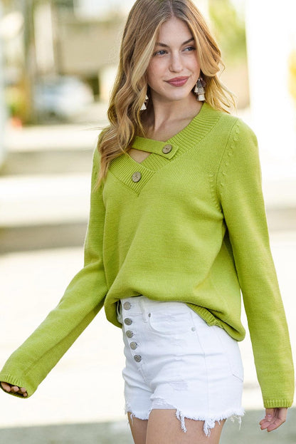 Women's Green V Neck Ribbed Contrast Long Sleeve Sweater - - Sweaters