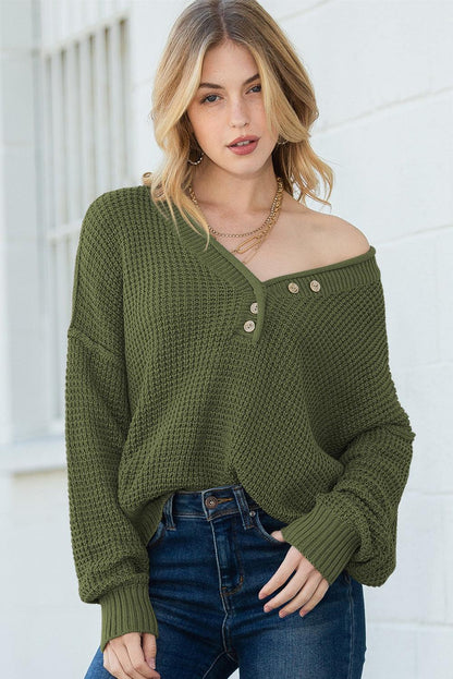 Women's Pickle Green Pointelle Knit Button V Neck Drop Shoulder Sweater - - Sweaters