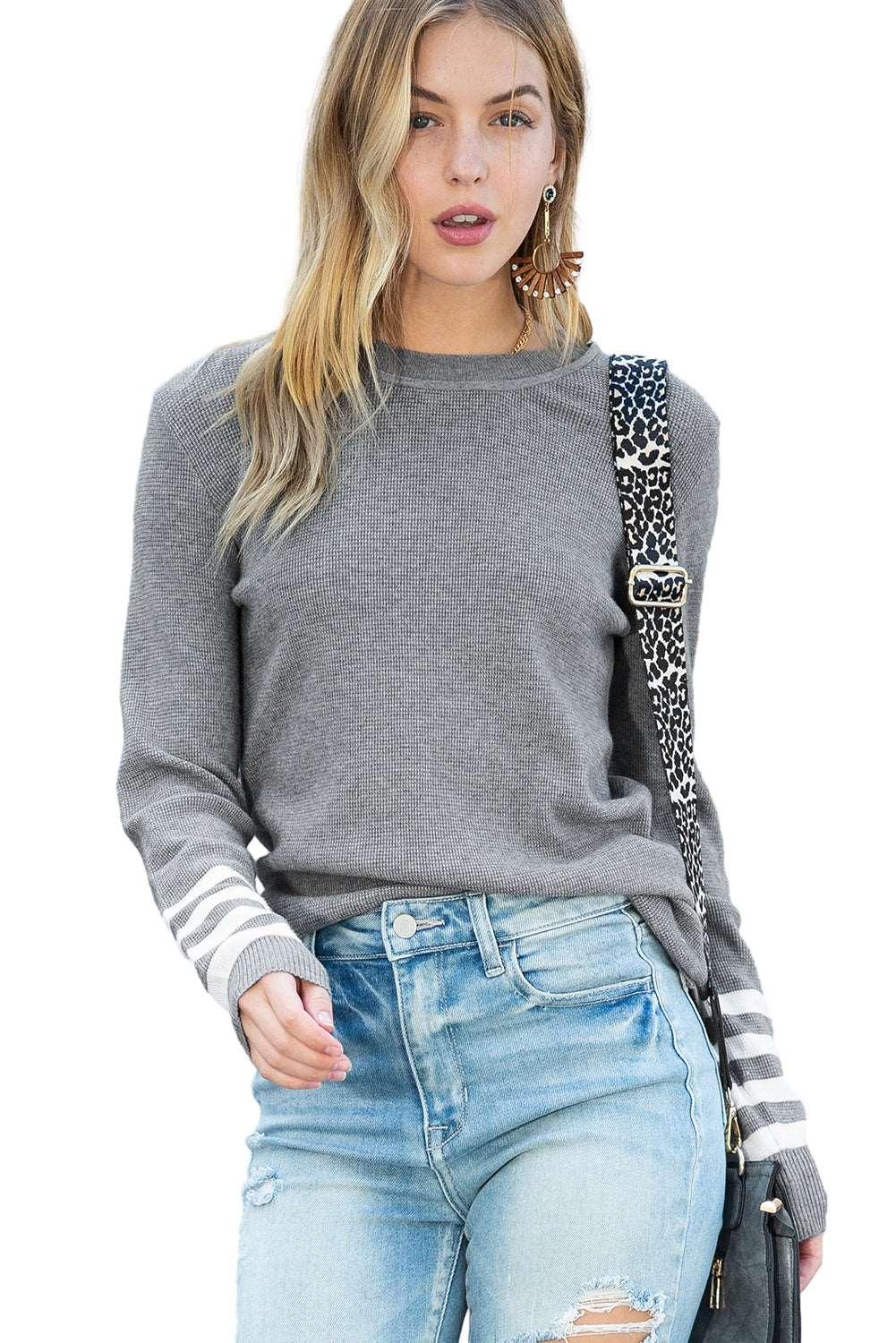 Women's Black Casual Crew Neck Striped Sleeve Knit Sweater - - Sweaters