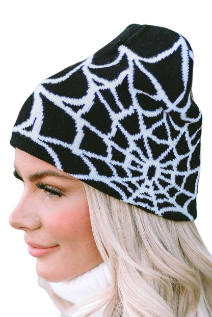 Women's Black Halloween Cobweb Pattern Woolen Hat - - Hats