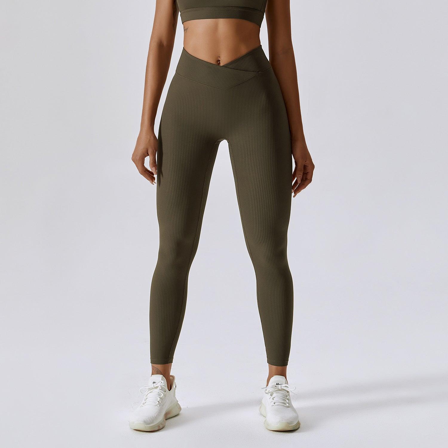 Threaded European And American Tight Yoga Pants For Outer Wear - Olive Green - leggins