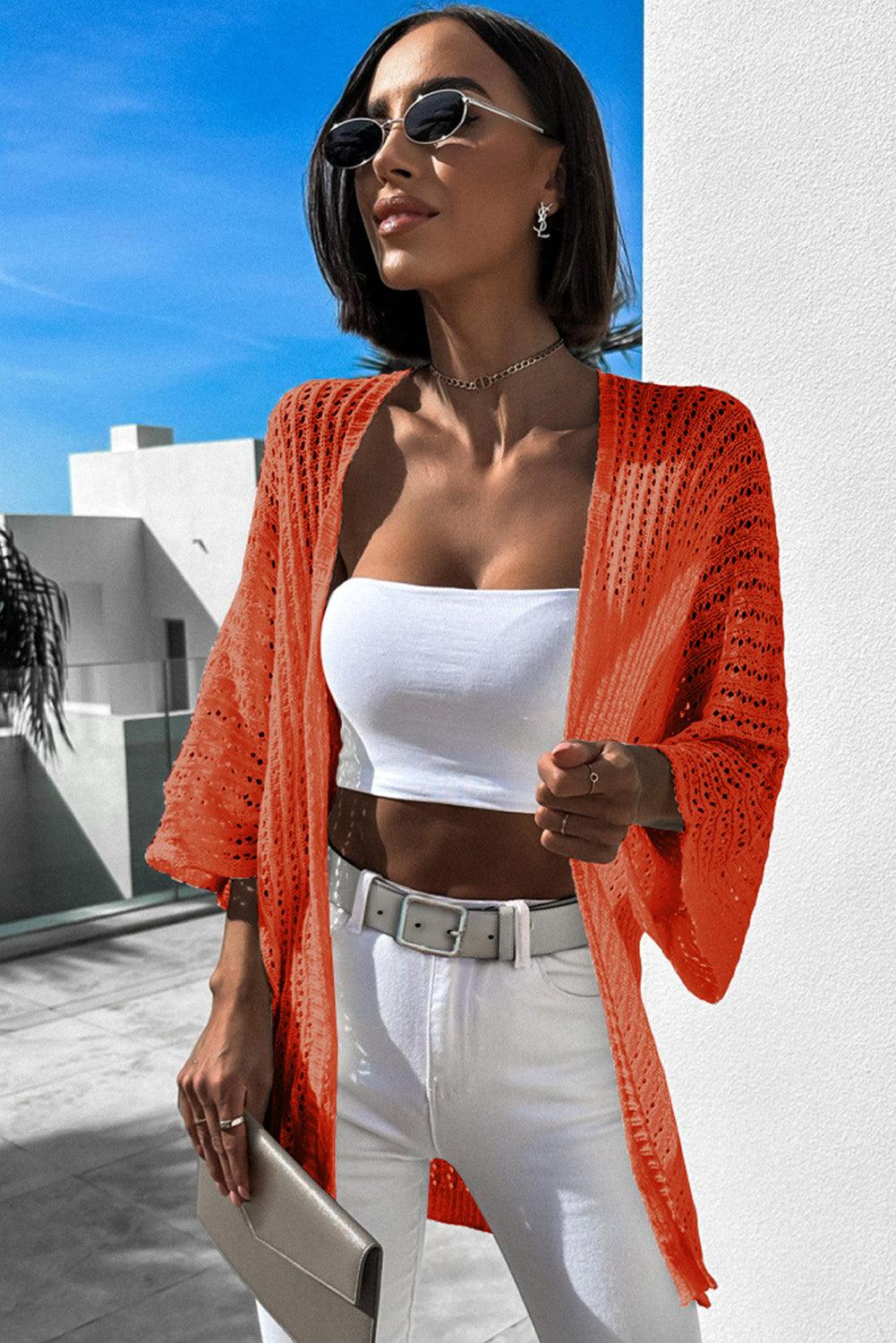 Women's Orange Hollow-out Bracelet Sleeve Knit Cardigan - - Cardigans