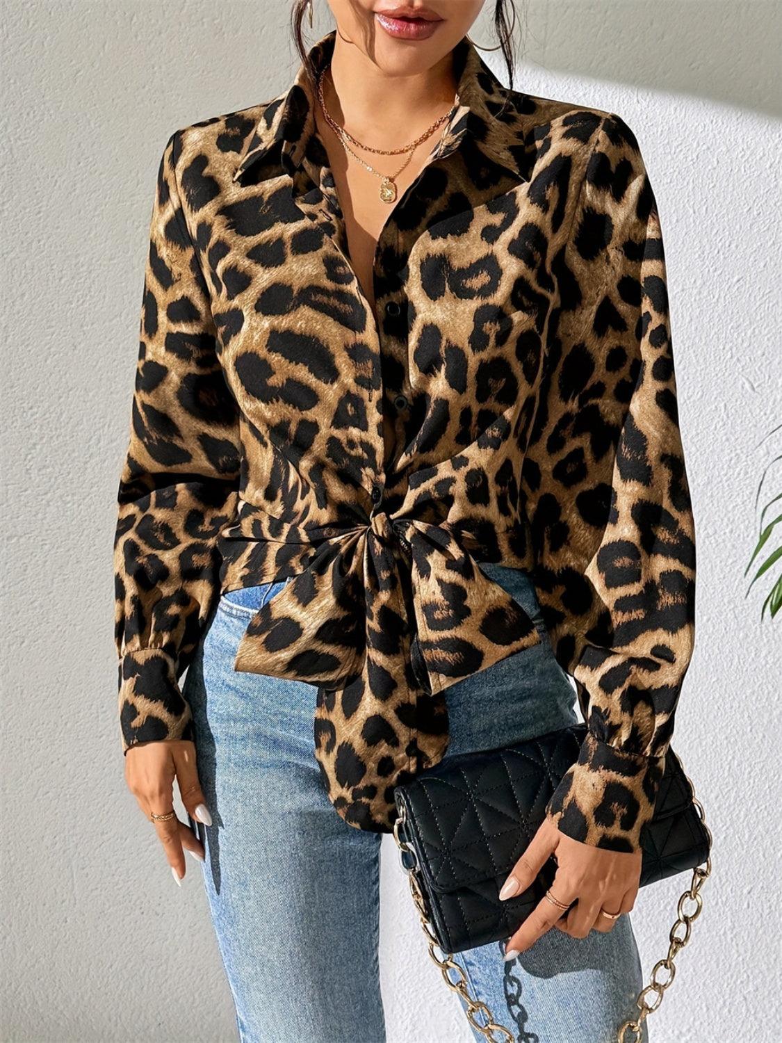 Leopard Print Collared Long Sleeve Button-Up Shirt – Chic & Comfortable - - Women's Fashion - Women's Clothing - Tops & Tees - Tank Tops