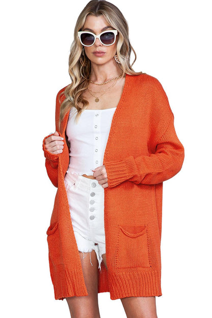 Women's Orange Pockets Open Front Knitted Cardigan - - Cardigans