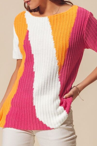 Textured Color Block Short Sleeve Sweater - -