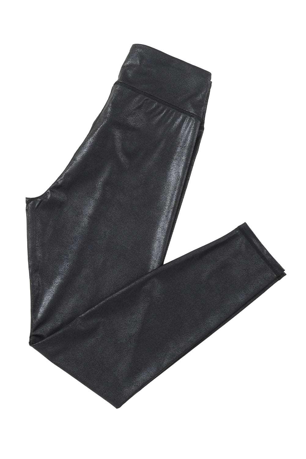 Women's Black Crossed Dip Waist Sleek Leather Leggings - - Leggings