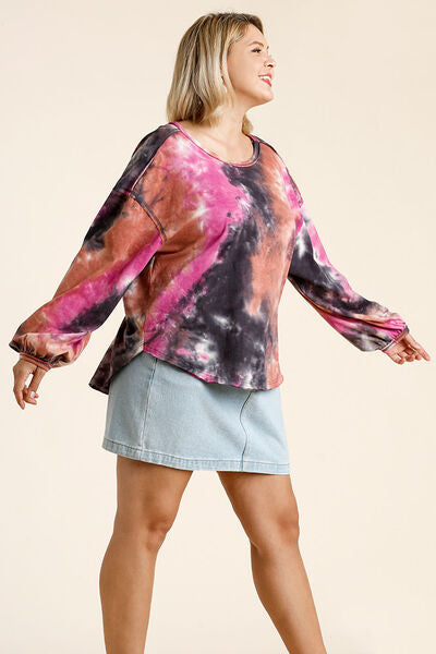 Umgee Full Size Tie Dye Round Neck Long Balloon Sleeve Top Plus Size - -