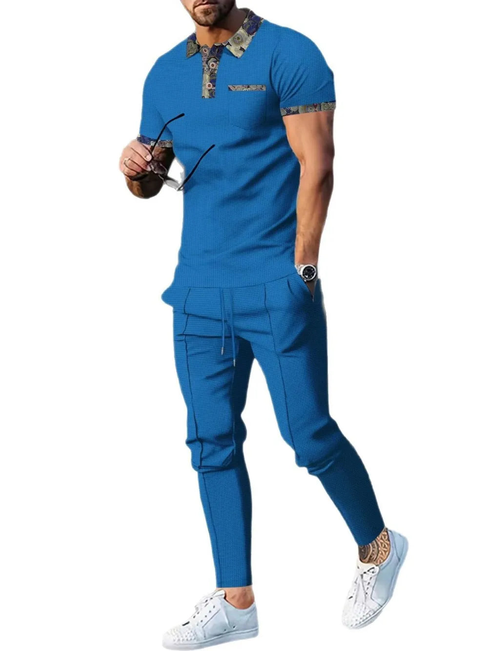 Men’s Plus Size Waffle Knit Polo & Pants Set – Soft Texture, Everyday Comfort - - Men's Sets