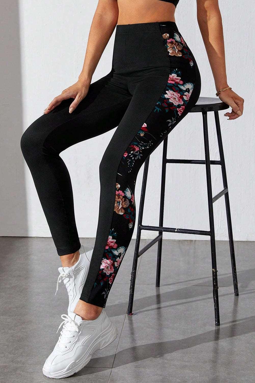 Women's Black Floral Print Patch High Waist Leggings - - Leggings