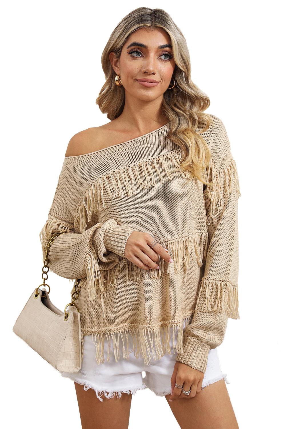 Women's Khaki Boho Fringe Tasseled Knitted Sweater - - Sweaters