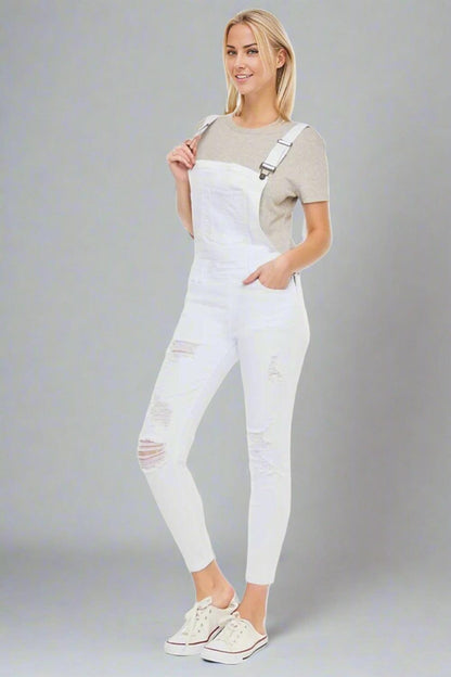 Kancan Distressed Skinny Denim Overalls - White - women jeans