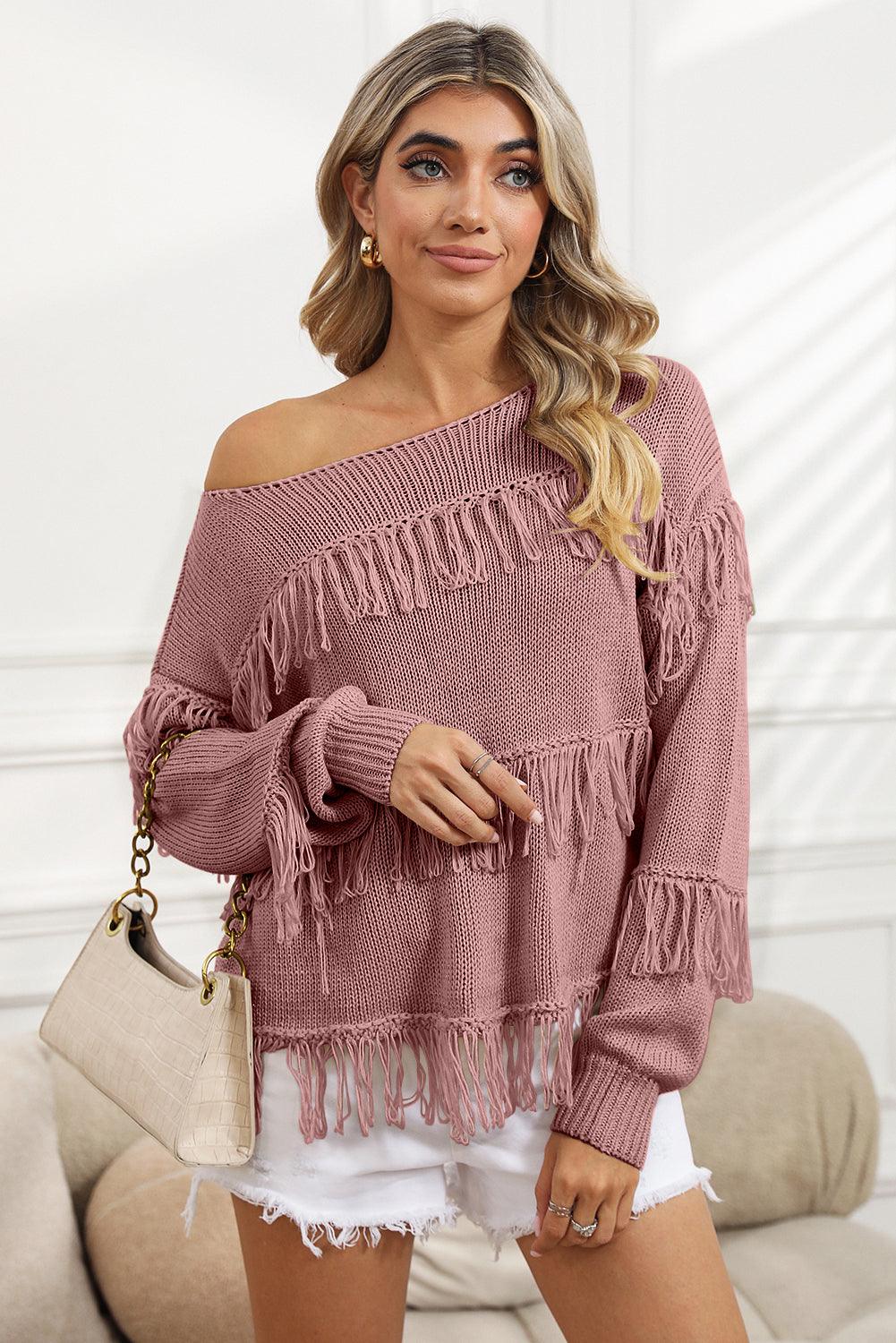 Women's Khaki Boho Fringe Tasseled Knitted Sweater - - Sweaters