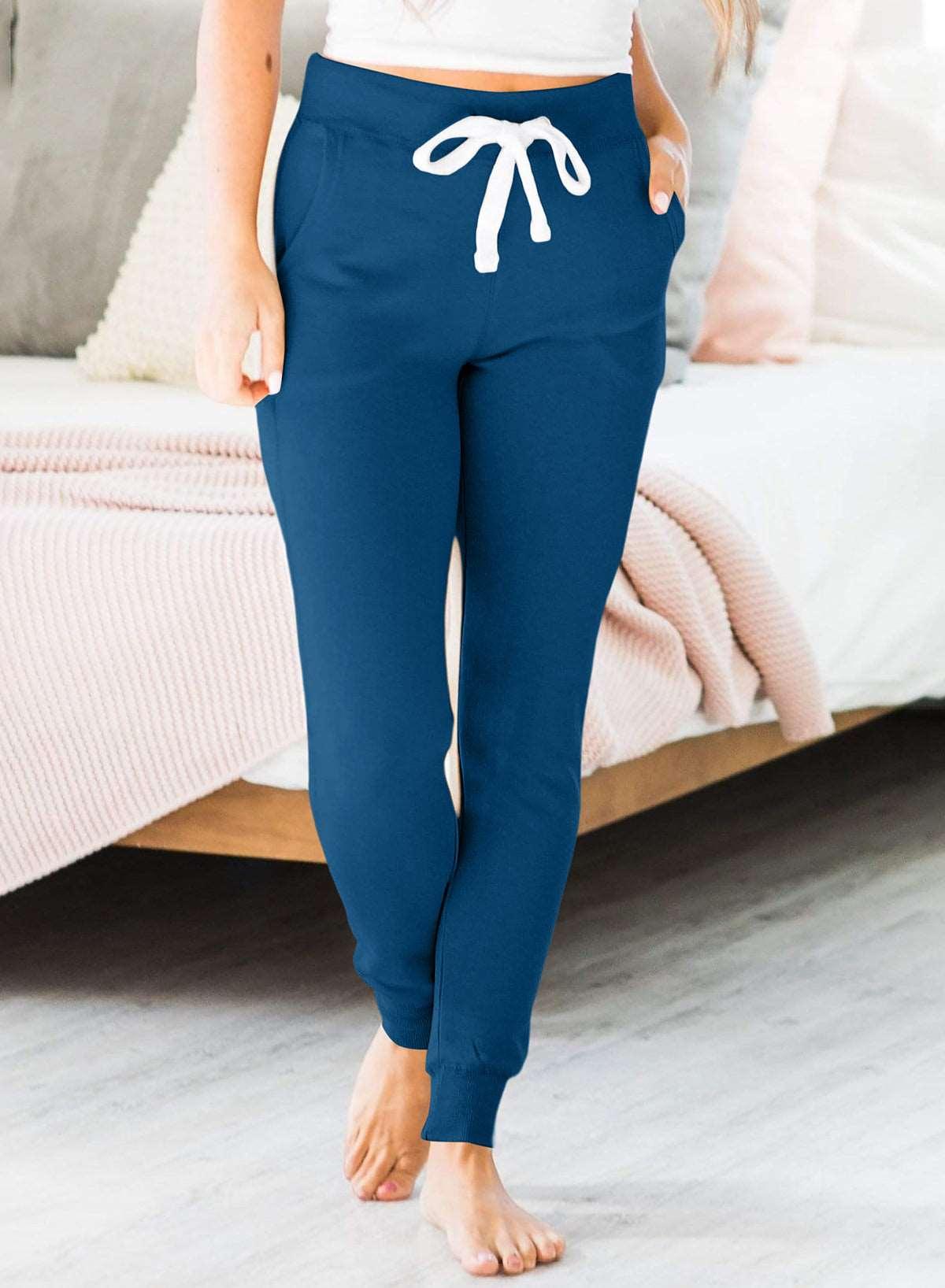 Women's Black Casual Drawstring Drop Waist Pocketed Joggers - Sail Blue - Pants