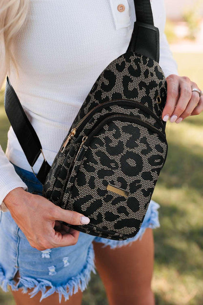 Woman's Leopard Printed PU Leather Zippered Fanny Pack Sling Bag - - Crossbody Bags